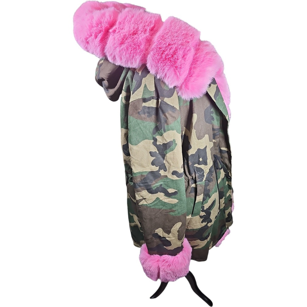 NWOT Roiii Pink Faux Fur-lined Coat with Camo Cotton Blend Shell - Picture 4 of 7